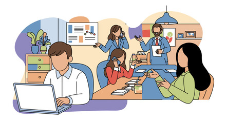 Busy team of office workers collaborating on a project, ideal for website landing pages or presentations.