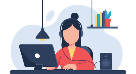 A young woman works from home, wearing headphones, using a desktop computer and speaker, in a minimalist and bright workspace.