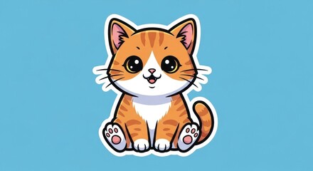 Obraz premium A cartoon kitten sits against a light blue backdrop with orange stripes white patches and black outlines