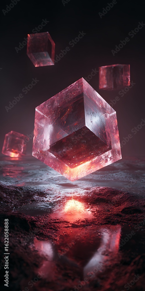 Poster floating crystal cubes in a dark space, creating a mysterious and dreamlike atmosphere with geometri