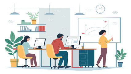 A diverse team collaborates in a modern office setting, with individuals working on computers, analyzing data on a whiteboard, and fostering a productive work environment.