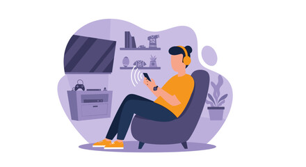 Person relaxing at home with headphones and smartphone, ideal for technology, lifestyle, and entertainment websites.