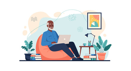 Senior man working on laptop from home office, perfect for website banners or blog posts about remote work and retirement.