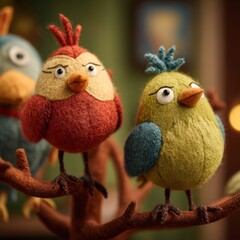 Colorful Felted Birds Sitting on a Branch in Cozy Indoor Setting