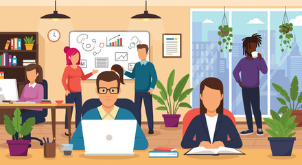 Diverse group of professionals collaborating in a modern, plant-filled office, working on laptops and discussing strategies near a whiteboard with charts.