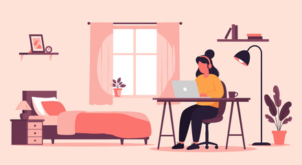 A young woman works from home on her laptop in her bedroom, creating a cozy and productive atmosphere with natural light and comfortable surroundings.