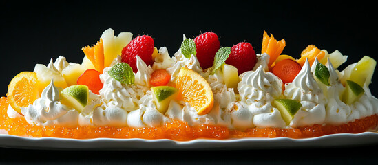 Meringue platter with whipped cream and fruit on black background