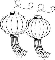 Hand drawn sketch of two traditional chinese lanterns with tassels