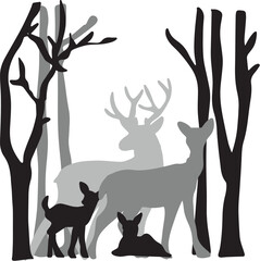 Christmas Deers in Forest Silhouette Vector Black and Gray Winter Illustration