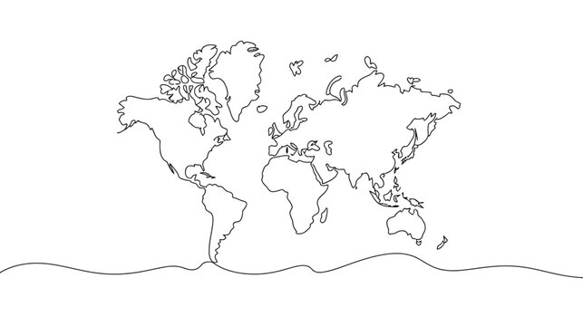 Minimal world map line illustration showing black continental outlines on white background with abstract wave, symbolizing global unity and travel