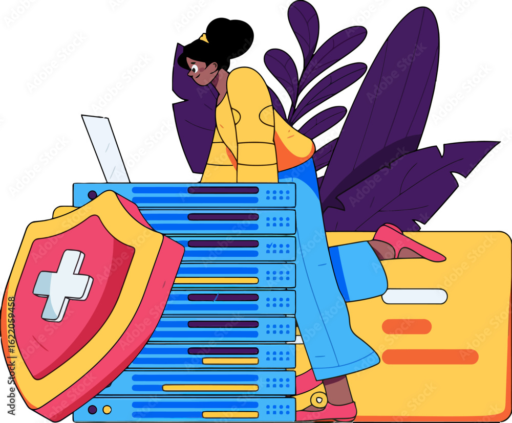 Poster data security engineer overseeing server maintenance and cybersecurity protocols in a modern tech en