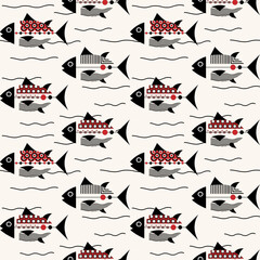  Fish Pattern A seamless pattern graphic featuring a variety of fish in black, red and white tones on a light cream background. All fish have geometric graphic features, consisting of lines