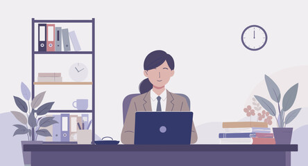 Businesswoman working on laptop in modern office, perfect for website banners or brochures.