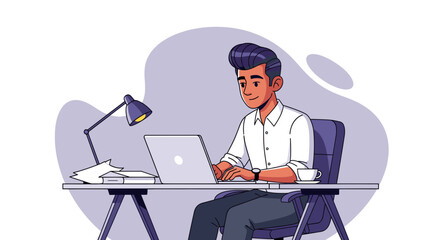 Illustration of a businessman working on his laptop, perfect for websites or presentations on productivity and remote work.