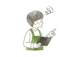 困った表情で人差し指を指しているエプロンを着用した男性-水彩