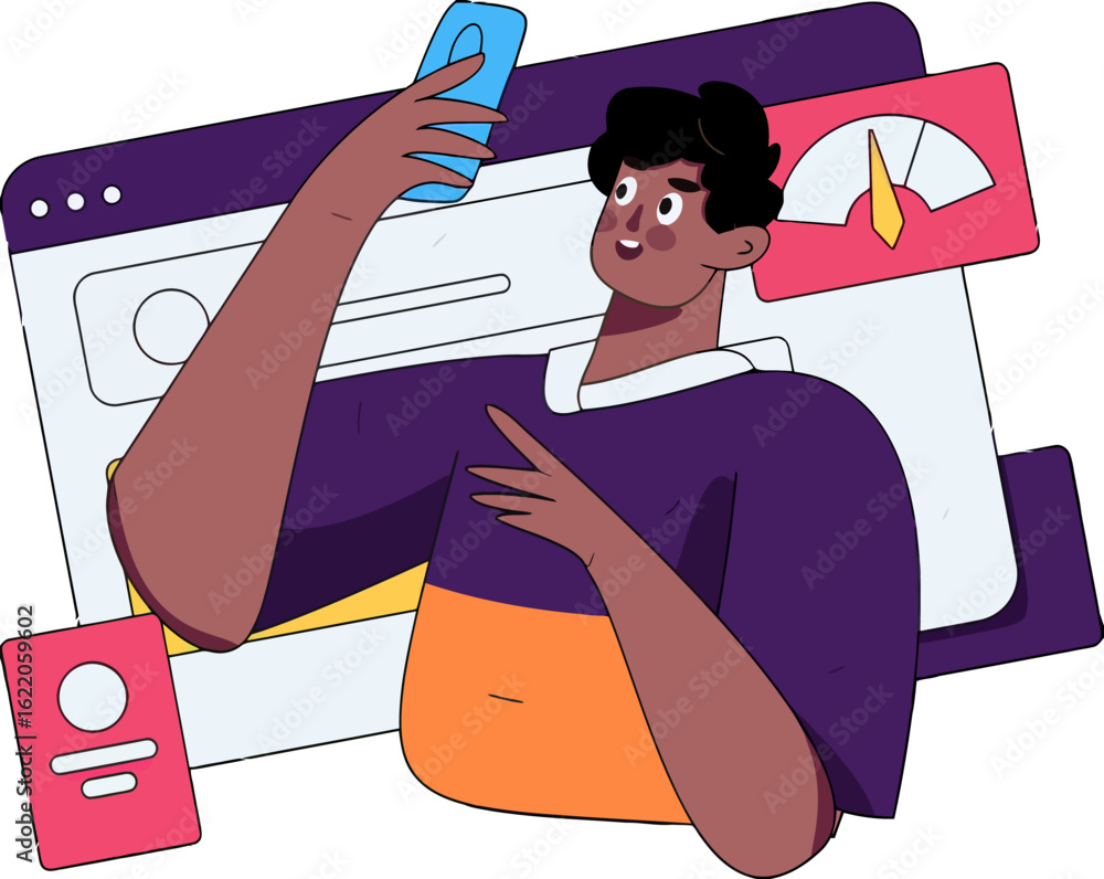 Poster cartoon man taking a selfie using his phone surrounded by online dashboard elements and data indicat