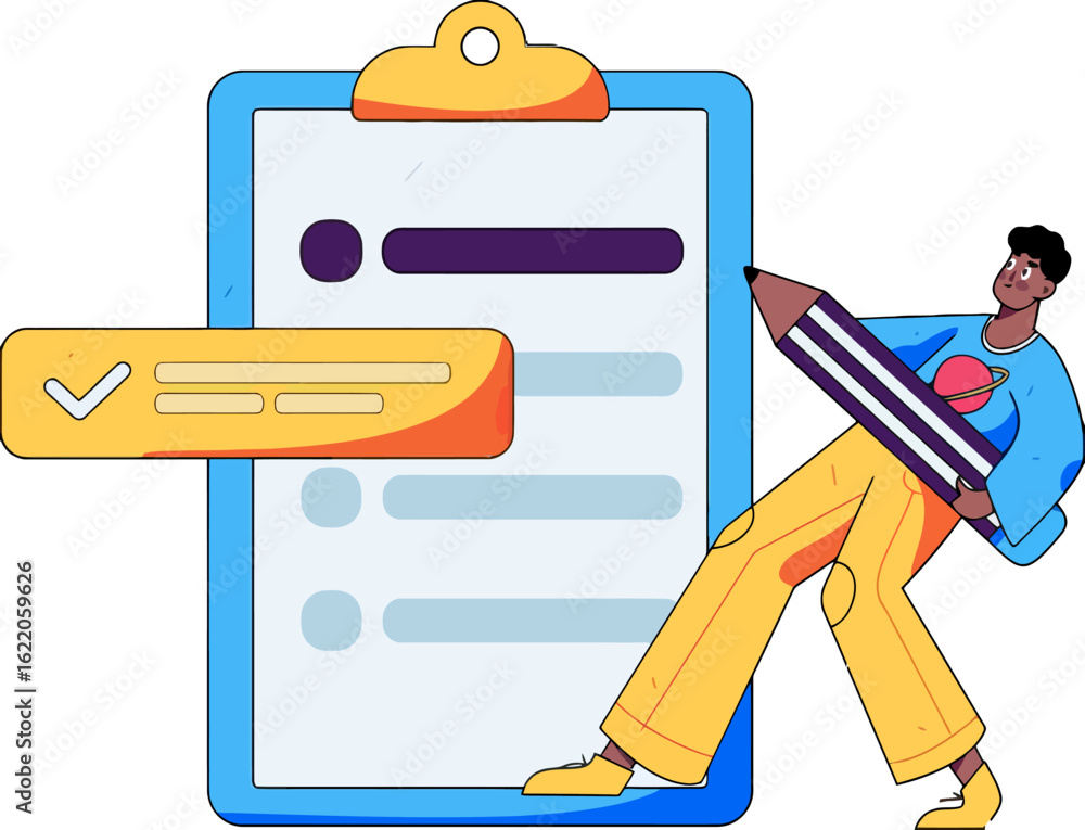 Poster young professional thoughtfully completes a vibrant checklist with a large pencil, ensuring every de
