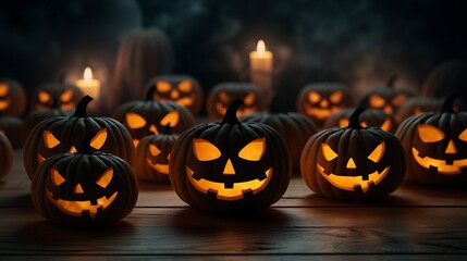 Halloween pumpkins jack o lanterns spooky season autumn holiday festive october celebration dark night scene