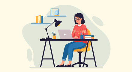 Young woman working on laptop at home office, perfect for website banners or blog posts about remote work.