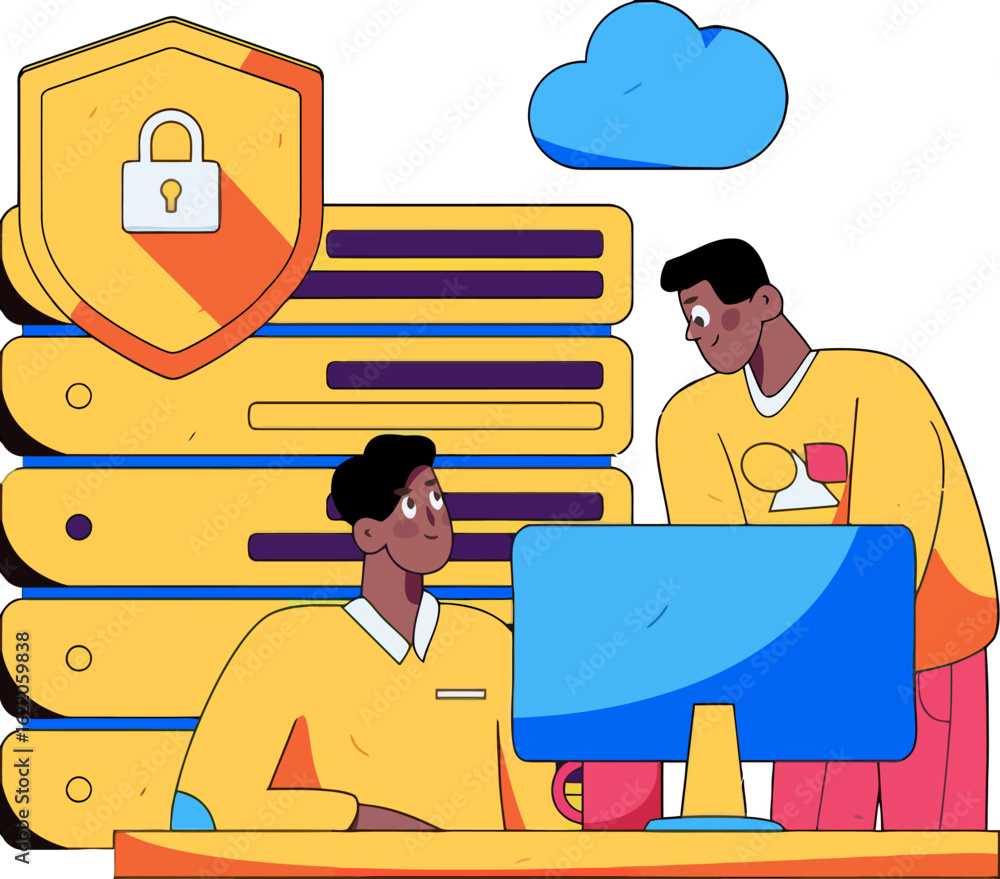 Poster secure cloud data storage with server protection, featuring team collaboration on cybersecurity solu