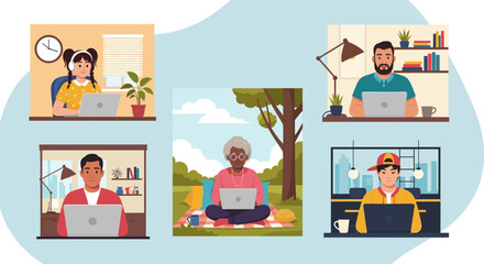 Fototapeta premium Diverse group of people working remotely on laptops. Perfect for illustrating remote work, telecommuting, or online collaboration.