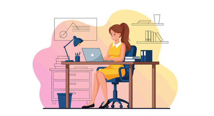 Happy woman working on laptop at her desk, perfect for website banners or blog posts about productivity and remote work.