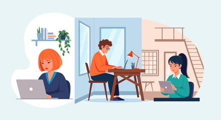 Teamwork, Remote Work, Collaboration: Illustration of diverse professionals working on laptops and tablets in a modern office space, ideal for websites and presentations.
