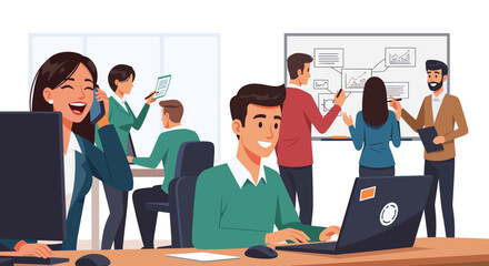 Happy diverse business team collaborating in modern office, perfect for website banners or company brochures.