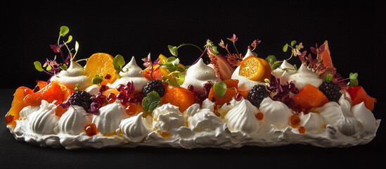 Meringue platter with whipped cream and fruit on black background
