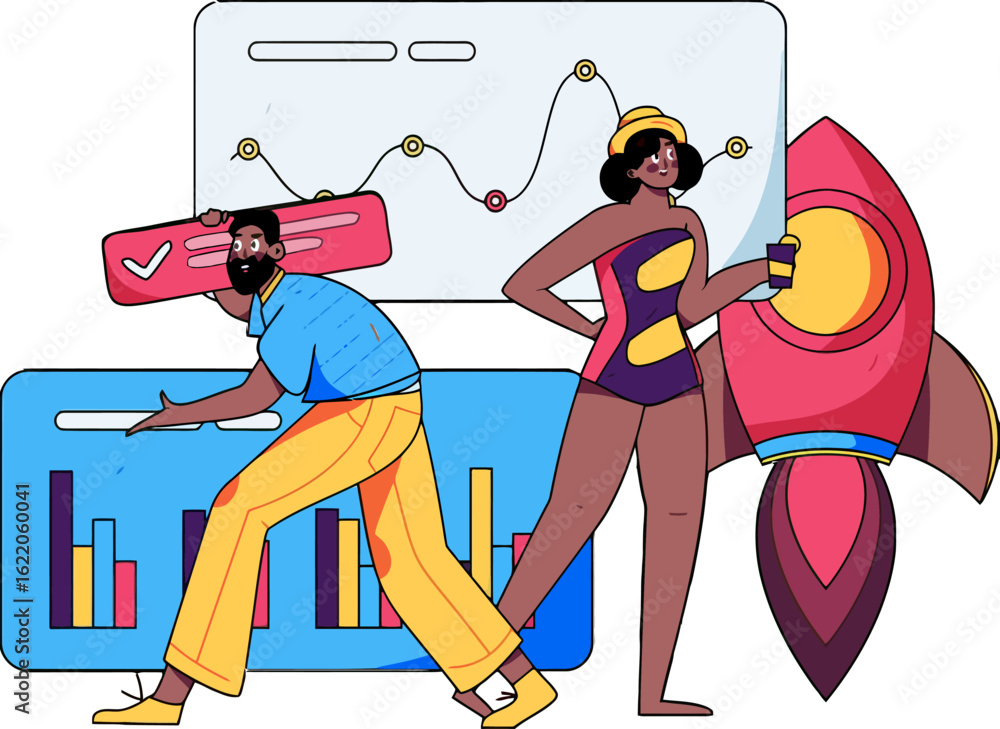 Poster diverse team launching innovative startup and tracking dynamic market trends with data analytics and