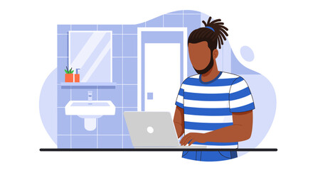 Man working on laptop in modern bathroom, ideal for remote work, freelance, and technology articles.