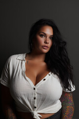 Fototapeta premium Captivating portrait of a curvy woman with striking tattoos and long dark hair in a casual white shirt against a dark backdrop, showcasing her confidence and beauty