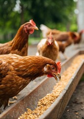 Several brown chickens are gathered around a rustic wooden feeder, pecking at scattered grain in a natural outdoor setting.