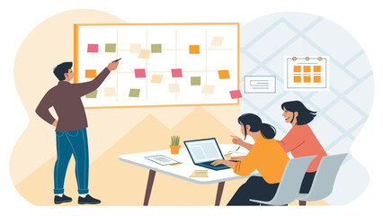 Teamwork and project planning: Illustration of colleagues collaborating on a project using sticky notes and a laptop.
