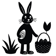 Obraz premium Black bunny holding patterned egg beside basket with eggs and tulip easter egg spring