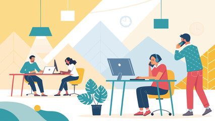 Diverse team collaborating in a modern office, ideal for website banners or business brochures.