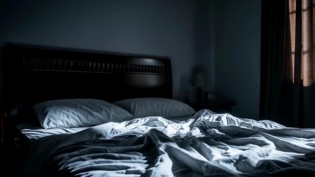 Dark interior of an empty bedroom with unmade bed and sunlight streaming through window footage.