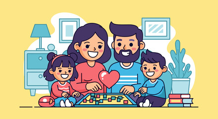 Happy family playing board game together at home. Perfect for family blogs, websites, or children's book illustrations.