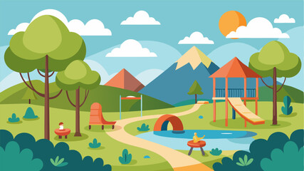 Naklejka premium This park offers a balance of nature and recreation with a playground area for children to play and explore.