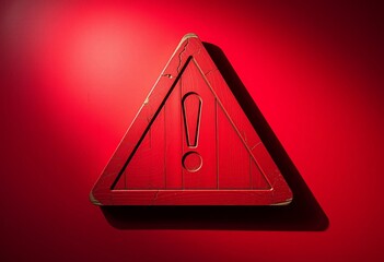 Red wooden triangle warning sign with exclamation mark