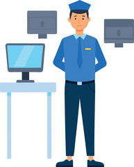 Security guard standing in front of monitors isolated on on transparent backgrounds