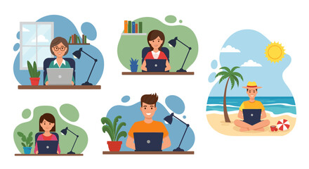 Diverse group of people working remotely on laptops, illustrating flexible work styles and locations. Ideal for articles on remote work, work-life balance, or digital nomadism.