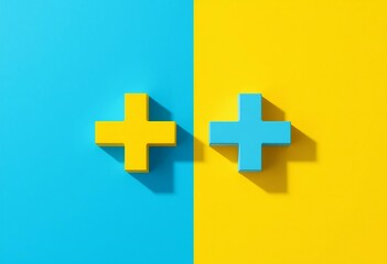 Two plus signs one yellow one blue on split background