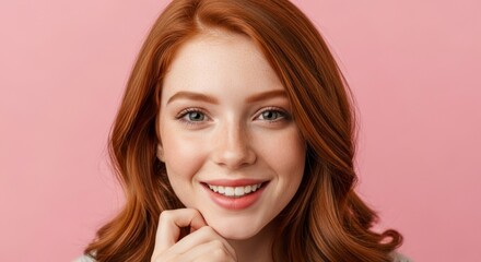 Naklejka premium A redhaired woman with freckles smiles against a pink background