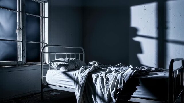Creepy abandoned room with bed and changing shadows in horror interior setting, scary light effect footage.