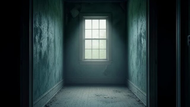Dark derelict corridor with a bright window, scary abandoned building interior, spooky room with light from outside, horror scene footage.