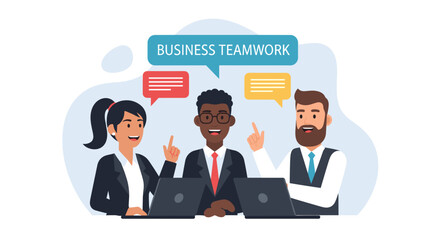 Diverse business team collaborating on laptops, ideal for website banners or presentations.