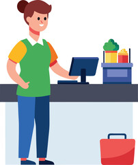 A cashier stands behind a counter ready to assist customers on transparent backgrounds