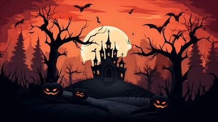 Halloween haunted house background illustration with pumpkins bats and full moon scary night vector art