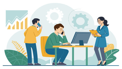 Teamwork and collaboration: Illustrative vector of colleagues working together in an office, ideal for business presentations or website landing pages.